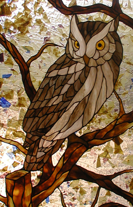 owl entryway close up — stained glass